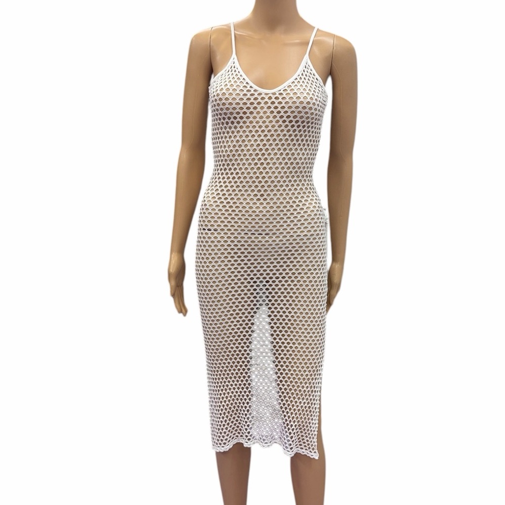 Aquavita White Open Mesh Net Midi Slit Coverup Dress Womens Small